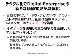デジタル化でDigital Enterpriseの
新たな価値発見が具体化
• 自動化されたハードウェアとソフトウェアのシー
ムレスな統合により、企業は機械やプラント、
IoTセンサー等からのデータを処理
• そのデータを使用して真の競争力を獲得し、リ
アル世界へマッピング
– 必要に応じて徐々に拡張されるため、最初に膨大
な投資は不要
– 製造業やプロセス業のさまざまなニーズに沿って
調整可能
4出典：Siemens“Digitalization”より
 