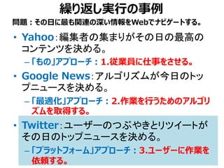繰り返し実行の事例
• Yahoo：編集者の集まりがその日の最高の
コンテンツを決める。
– 「もの」アプローチ：1.従業員に仕事をさせる。
• Google News：アルゴリズムが今日のトッ
プニュースを決める。
– 「最適化」アプローチ：2.作業を行うためのアルゴリ
ズムを取得する。
• Twitter：ユーザーのつぶやきとリツイートが
その日のトップニュースを決める。
– 「プラットフォーム」アプローチ：3.ユーザーに作業を
依頼する。
問題：その日に最も関連の深い情報をWebでナビゲートする。
 