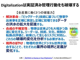 【全産業に働く３つの破壊力】
• 解決革命：「ビッグデータ」技術に基づいて物事や
出来事を正確に測定し正確に管理できるデータ
の洪水の拡大を促進する。
• 合成の不確定性：物事は従来よりも大幅かつ急
速に変化する。リーダーは、技術、文化、規制の
転換点評価と、結果として生じるリスクに対処し、
これらの破壊的変化を分析する必要がある。
• 境界のぼやけ：物理的世界とデジタル世界が融
合することで、それぞれの業界の境界と定義が
変化する。
Digitalizationは実証済み管理行動をも破壊する
Mark Ruskino
Graham Waller
Gartner executives
November 12, 2015刊
出典：” Gartner on Staying on Top of Digitization”、By Hans-Bernd Kittlausより
 