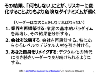 【リーダーは次のことをしなければならない】
1. 業界を再構築する：業界の基本的パラダイム
を再考し、その結果を分析する。
2. 会社を改装する：会社を再設計する。特にあ
らゆるレベルでデジタル人材を引き付ける。
3. あなた自身をリメイクする：デジタル化の時代
に引き続きリーダーであり続けられるように
する。
7
その結果、「何もしない」ことが、リスキーに変
化することよりもより危険なダイナミズムが働く
出典：” Gartner on Staying on Top of Digitization”、By Hans-Bernd Kittlausより
 