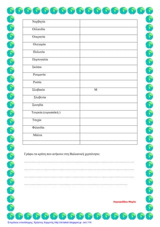 Νορβηγία
Ολλανδία
Ουκρανία
Ουγγαρία
Πολωνία
Πορτογαλία
Σκόπια
Ρουμανία
Ρωσία
Σλοβακία Μ
Σλοβενία
Σουηδία
Τουρκία (ευρωπαϊκή )
Τσεχία
Φιλανδία
Μάλτα
Γράφω τα κράτη που ανήκουν στη Βαλκανική χερσόνησο:
…………………………………………………………………………………………
…………………………………………………………………………………………
…………………………………………………………………………………………
……………………………………………………………………………………
Λαμπριάδου Μαρία
Επιμέλεια επανάληψης: Χρήστος Χαρμπής http://st-taksh.blogspot.gr σελ.114
 