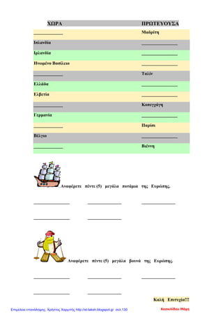 ΧΩΡΑ ΠΡΩΤΕΥΟΥΣΑ
_____________ Μαδρίτη
Ισλανδία ________________
Ιρλανδία ________________
Ηνωμένο Βασίλειο ________________
_____________ Ταλίν
Ελλάδα ________________
Ελβετία ________________
_____________ Κοπεγχάγη
Γερμανία ________________
_____________ Παρίσι
Βέλγιο ________________
_____________ Βιέννη
Αναφέρετε πέντε (5) μεγάλα ποτάμια της Ευρώπης.
________________ _______________ _______________
________________ _______________
Αναφέρετε πέντε (5) μεγάλα βουνά της Ευρώπης.
________________ _______________ _______________
________________ _______________
Καλή Επιτυχία!!!
Κεσκιλίδου ΜάχηΕπιμέλεια επανάληψης: Χρήστος Χαρμπής http://st-taksh.blogspot.gr σελ.130
 