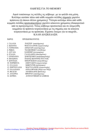 ΟΔΗΓΙΕΣ ΓΙΑ ΤΟ MEMORY
Αφού τυπώσουμε τις σελίδες τις κόβουμε με το ψαλίδι στη μέση.
Κολλάμε κατόπιν πίσω από κάθε κομμάτι σελίδας σημαιών χαρτόνι
πράσινου (ή όποιου άλλου χρώματος). Ύστερα κολλάμε πίσω από κάθε
κομμάτι σελίδας προσωπικοτήτων χαρτόνι κόκκινου χρώματος (διαφορετικό
από το προηγούμενο). Τέλος κόβουμε προσεκτικά και σε ισομεγέθη
κομμάτια τα πράσινα τετραγωνάκια με τις σημαίες και τα κόκκινα
τετραγωνάκια με τα πρόσωπα. Είμαστε έτοιμοι για το παιχνίδι..
ΚΑΛΗ ΔΙΑΣΚΕΔΑΣΗ.
ΧΩΡΕΣ ΠΡΟΣΩΠΙΚΟΤΗΤΕΣ
1. ΓΑΛΛΙΑ ΠΑΣΤΕΡ (επιστήμονας)
2. ΙΣΠΑΝΙΑ ΜΑΓΓΕΛΑΝΟΣ (εξερευνητής)
3. ΓΕΡΜΑΝΙΑ ΑΙΝΣΤΑΙΝ (επιστήμονας)
4. ΡΩΣΙΑ ΤΣΑΙΚΟΦΣΚΥ (συνθέτης)
5. ΑΓΓΛΙΑ ΣΑΙΞΠΗΡ (συγγραφέας)
6. ΙΤΑΛΙΑ ΓΑΛΙΛΑΙΟΣ (επιστήμονας)
7. ΟΥΚΡΑΝΙΑ ΣΕΦΤΣΕΝΚΟ (ποδοσφαιριστής)
8. ΠΟΛΩΝΙΑ ΠΑΠΑΣ ΙΩΑΝΝΗΣ ΠΑΥΛΟΣ
9. ΣΟΥΗΔΙΑ ΜΠΕΡΓΚΜΑΝ (σκηνοθέτης)
10. ΝΟΡΒΗΓΙΑ ΑΜΟΥΔΣΕΝ (εξερευνητής)
11. ΕΛΛΑΔΑ ΣΩΚΡΑΤΗΣ (φιλόσοφος)
12. ΠΟΡΤΟΓΑΛΙΑ ΜΑΓΓΕΛΑΝΟΣ (εξερευνητής)
13. ΟΛΛΑΝΔΙΑ ΑΝΝΑ ΦΡΑΝΚ (θύμα των Ναζί)
14. ΒΕΛΓΙΟ ΛΕΟΠΟΛΔΟΣ (βασιλιάς)
15. ΑΥΣΤΡΙΑ ΦΡΟΫΝΤ (επιστήμονας)
16. ΣΕΡΒΙΑ ΑΓΙΟΙ ΣΥΜΕΩΝ Κ ΣΑΒΒΑΣ
Κοκόλης Γιάννης & Μαθήτριες: Αγγελική Δημοπούλου, Χριστίνα Βασίλη και Ιωάννα Μισέλ
Επιμέλεια επανάληψης: Χρήστος Χαρμπής http://st-taksh.blogspot.gr σελ.139
 