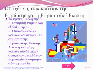 Οι σχέσεις των κρατών της
Ευρώπης και η Ευρωπαϊκή Ένωση Τα κράτη - μέλη της Ε.
Ε. Ιστορική πορεία και
εξέλιξη της Ε.
Ε. Οικονομικοί και
κοινωνικοί στόχοι . Η
σημασία της
Ευρωπαϊκής Ένωσης.
Ανάγκη ύπαρξης
κοινών συνδετικών
στοιχείων μεταξύ των
Ευρωπαίων( νόμισμα,
σύνταγμα κλπ)
ΠΙΣΩ stkarapy
Επιμέλεια επανάληψης: Χρήστος Χαρμπής http://st-taksh.blogspot.gr σελ.70
 