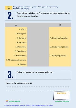 σελ.
109
Γεωγραφία Στ΄ Δημοτικού [Κριτήρια Αξιολόγησης & Διαγωνίσματα]
Ενότητα Δ΄ [Οι ήπειροι]
Έκδοση taexeiola Mαρία Απ. Γαϊτανίδη
Αντιστοίχισε τις λέξεις της Α στήλης με τον τομέα παραγωγής της
Β στήλη στον οποίο ανήκει :
Α Β
1. Αλιεία
2. Βιομηχανία
3. Βιοτεχνία Α. Πρωτογενής τομέας
4. Υλοτομία
5. Μεταφορές Β. Δευτερογενής τομέας
6. Εκπαίδευση
7. Κτηνοτροφία Γ. Τριτογενής τομέας
8. Μεταποιητικές μονάδες
9. Εμπόριο
Γράψε τον ορισμό για την παρακάτω έννοια :
Πρωτογενής τομέας παραγωγής:
…………………………………………………………………………………………
…………………………………………………………………………………………
ΒΑΘΜΟΣ:
Επιμέλεια επανάληψης: Χρήστος Χαρμπής http://st-taksh.blogspot.gr σελ.87
 