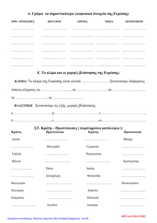 Δ. Γράφω τα σημαντικότερα γεωφυσικά στοιχεία της Ευρώπης:
ΟΡΗ - ΟΡΟΣΕΙΡΕΣ ΠΟΤΑΜΟΙ ΛΙΜΝΕΣ ΝΗΣΙΑ ΧΕΡΣΌΝΗΣΟΙ
………………… ………………….. …………………. ………………… …………………
………………… ………………….. …………………. ………………… …………………
………………… ………………….. …………………. ………………… …………………
………………… ………………….. …………………. ………………… …………………
………………… ………………….. …………………. ………………… …………………
………………… ………………….. …………………. ………………… …………………
Ε. Το κλίμα και οι μορφές βλάστησης της Ευρώπης:
ΚΛΙΜΑ: Το κλίμα της Ευρώπης είναι γενικά ………………………Συναντούμε διάφορους
τύπους κλίματος το ……………………….., το ………………………. , το …………………………,
το …………………………, το ………………………..
ΒΛΑΣΤΗΣΗ: Συναντούμε τις εξής μορφές βλάστησης
α………………………………, β………………………………….. , γ……………………………………,
δ………………………………, ε………………………………….. , στ…………………………………...
ΣΤ. Κράτη – Πρωτεύουσες ( συμπληρώνω κατάλληλα ):
Κράτος Πρωτεύουσα Κράτος Πρωτεύουσα
Δανία ………………… ………………… Μόσχα
………………… Βελιγράδι Γερμανία ………………..
Γαλλία ………………… Πορτογαλία ………………..
Βέλγιο ………………….. ………………….. Άμστερνταμ
………………... Όσλο Ιταλία ………………….
………………… Στοκχόλμη Φινλανδία …………………..
Βουλγαρία …………………... …………………… Βουκουρέστι
Ουγγαρία …………………… Ισπανία …………………...
Ουκρανία …………………… Πολωνία ……………………
…………………… Λονδίνο Αυστρία …………………..
ΦΡΥΔΑΣ ΙΩΑΝΝΗΣ
Επιμέλεια επανάληψης: Χρήστος Χαρμπής http://st-taksh.blogspot.gr σελ.95
 