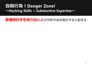 自殺行為！Danger Zone!
～Hacking Skills + Substantive Expertise～
数理統計学を知らない人が分析方法を指示すると起きる
15
 