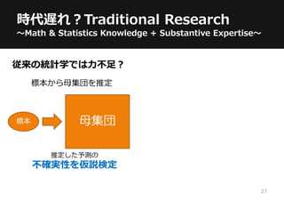 27
時代遅れ？Traditional Research
～Math & Statistics Knowledge + Substantive Expertise～
標本 母集団
標本から母集団を推定
推定した予測の
不確実性を仮説検定
従来の統計学では力不足？
 