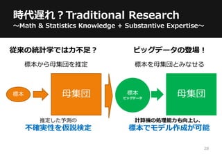 28
時代遅れ？Traditional Research
～Math & Statistics Knowledge + Substantive Expertise～
従来の統計学では力不足？
標本 母集団
標本から母集団を推定
推定した予測の
不確実性を仮説検定
ビッグデータの登場！
標本
ビッグデータ
母集団
計算機の処理能力も向上し、
標本でモデル作成が可能
標本を母集団とみなせる
 
