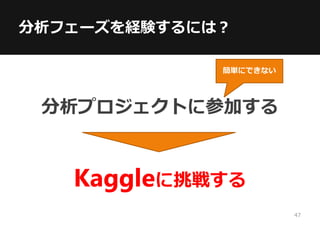 分析フェーズを経験するには？
Kaggleに挑戦する
分析プロジェクトに参加する
簡単にできない
47
 