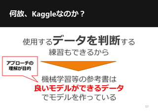 何故、Kaggleなのか？
使用するデータを判断する
練習もできるから
機械学習等の参考書は
良いモデルができるデータ
でモデルを作っている
アプローチの
理解が目的
57
 