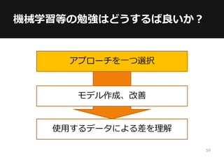 機械学習等の勉強はどうするば良いか？
アプローチを一つ選択
モデル作成、改善
使用するデータによる差を理解
59
 