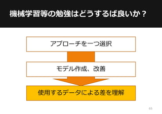 機械学習等の勉強はどうするば良いか？
アプローチを一つ選択
モデル作成、改善
使用するデータによる差を理解
65
 