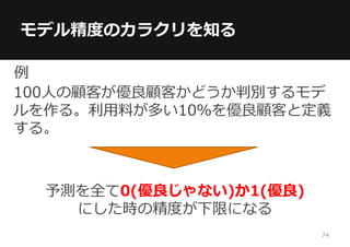 モデル精度のカラクリを知る
100人の顧客が優良顧客かどうか判別するモデ
ルを作る。利用料が多い10％を優良顧客と定義
する。
予測を全て0(優良じゃない)か1(優良)
にした時の精度が下限になる
例
74
 