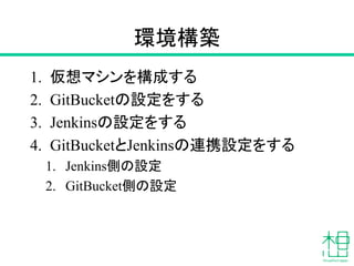 事前準備
• VirtualBoxのインストール
• Vagrantのインストール
• ハンズオン用Gitリポジトリのclone
• ハンズオン用Vagrant Boxのダウンロード
$ git clone github.com/virtualtech/ci-handson
 