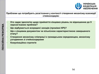 14
Проблеми що потребують розв’язання у контексті створення механізму взаємодії
стейкхолдерів:
- Хто задає ідеологію щодо прийняття кінцевих рішень по відношенню до 9
нерозв’язаних проблем?
- Що відбувається всередині заходів (проміжні КРI)?
- Що є кінцевим документом чи кількісною характеристикою завершеного
етапу?
- Створення механізму співпраці із громадським середовищем, механізму
узгодження зі стейкхолдерами
- Комунікаційна стратегія
ПЕНСІЙНАРЕФОРМА
 