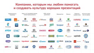 FMCG, ритэйл,
девелопмент
Нефть и газ, автомобилестроение,
тяжёлая промышленность
Компании, которым мы любим помогать  
и создавать культуру хороших презентаций
Фармацевтика Финансы Профессио-
нальные услуги
Институты разви- 
тия и гос.органы
Информационные
технологии
 