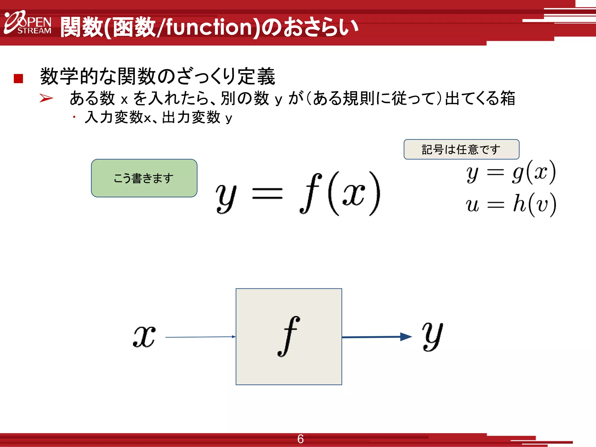 関数(函数/function)のおさらい
■ 数学的な関数のざっくり定義
➢ ある数 x を入れたら、別の数 y が（ある規則に従って）出てくる箱
• 入力変数ｘ、出力変数 y
6
こう書きます
記号は任意です
 