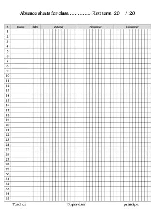 Absence sheets for class………….. First term 20 / 20
S Name Sebt. October November December
1
2
3
4
5
6
7
8
9
10
11
12
13
14
15
16
17
18
19
20
21
22
23
24
25
26
27
28
29
30
31
32
33
34
35
Teacher Supervisor principal
 