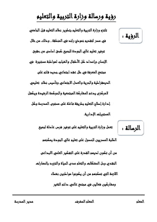 ‫الرسالة‬:
‫الرؤية‬:
‫والتعليم‬ ‫التربية‬‫وزارة‬ ‫ورسالة‬ ‫رؤية‬
‫الجامعي‬‫قبل‬ ‫التعليم‬‫نظام‬ ‫بتطوير‬ ‫والتعليم‬ ‫التربية‬‫وزارة‬ ‫تلتزم‬
‫خالل‬‫من‬ ‫وذلك‬ , ‫المنطقة‬‫في‬ ‫رائد‬ ‫نموذج‬ ‫لتقديم‬ ‫مصر‬ ‫في‬
‫حقوق‬‫من‬ ‫اساسى‬‫كحق‬ ‫للجميع‬ ‫الجودة‬‫عالي‬ ‫تعليم‬ ‫توفير‬
‫في‬ ‫مستنيرة‬ ‫لمواطنة‬ ‫والشباب‬ ‫ال‬‫األطف‬‫كل‬ ‫وإعداد‬ ‫اإلنسان‬
‫على‬ ‫ائم‬‫ق‬ ‫جديد‬‫اجتماعي‬‫عقد‬ ‫ظل‬ ‫في‬ ‫المعرفة‬‫مجتمع‬
‫تعليمي‬ ‫نظام‬ ‫وتأسيس‬ ‫االجتماعي‬‫والعدل‬ ‫والحرية‬ ‫الديمقراطية‬
‫ل‬‫ويكف‬ ‫الرشيدة‬‫والحوكمة‬ ‫المجتمعية‬‫المشاركة‬‫يدعم‬ ‫المركزى‬
‫مستوى‬ ‫على‬ ‫اعلة‬‫ف‬ ‫بطريقة‬ ‫التعليم‬‫إصالح‬‫إدارة‬‫وكل‬ ‫المدرسة‬
‫اإلدارية‬‫المستويات‬.
‫لجميع‬ ‫عادلة‬ ‫فرص‬ ‫توفير‬ ‫على‬ ‫والتعليم‬ ‫التربية‬‫وزارة‬ ‫تعمل‬
‫الم‬‫الطلبة‬‫يمكنهم‬ ‫الجودة‬‫عالي‬ ‫تعليم‬ ‫على‬ ‫للحصول‬ ‫صريين‬
‫االبداعى‬‫العلمي‬‫التفكير‬‫على‬ ‫القدرة‬‫لديهم‬ ‫تكون‬ ‫أن‬‫من‬
‫والتزود‬ ‫الحياة‬‫مدى‬ ‫والتعلم‬ ‫المشكالت‬‫وحل‬ ‫النقدي‬‫ب‬‫المهارات‬
‫يك‬ ‫أن‬‫من‬ ‫تمكنهم‬ ‫التي‬‫الالزمة‬‫نشطاء‬ ‫مواطنين‬ ‫ونوا‬
‫التغير‬‫دائم‬ ‫عالمي‬ ‫مجتمع‬ ‫في‬ ‫فعالين‬ ‫ومشاركين‬
‫المعلم‬‫المشرف‬‫المعلم‬‫المدرسة‬‫مدير‬
 