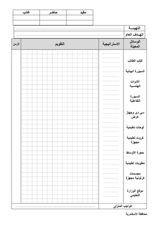 ‫الزمن‬ ‫التقويم‬ ‫االستراتيجية‬
‫الوسائل‬
‫المعينة‬
...........................
...........................
...........................
...........................
..........................
.........................
.........................
..........................
.........................
........................
.........................
.........................
.........................
.........................
.........................
.........................
.........................
........................
........................
........................
........................
.......................
..........................
..........................
..........................
.........................
.........................
.......................
.......................
.......................
.......................
.......................
‫الطالب‬ ‫كتاب‬
‫البيانية‬ ‫السبورة‬
‫األدوات‬
‫ا‬‫لهندسية‬
‫السبورة‬
‫التفاعلية‬
‫وجهاز‬ ‫دي‬ ‫سي‬
‫عرض‬
‫تعليمية‬ ‫لوحات‬
‫تعليمية‬ ‫كروت‬
‫مجهزة‬
‫حجرة‬‫األوساط‬
‫تعليمية‬ ‫مطويات‬
‫مجسمات‬
‫مجهزة‬ ‫كرتونية‬
‫الوزارة‬ ‫موقع‬
‫التعليمي‬
.................................................................................................................................... ‫المنزلى‬ ‫الواجب‬
‫األسكندرية‬ ‫محافظة‬
‫مقيد‬‫حاضر‬‫غائب‬
.............................................................................................................................................................. ‫التهيئ‬‫ـــ‬‫ة‬
............................................................................................................................................................. ‫ا‬‫لهــدف‬‫العام‬
 