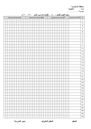 ‫األسكندرية‬ ‫محافظة‬
‫التعليمية‬ ‫ادرة‬
‫مدرسة‬:..................................................
‫الغياب‬ ‫سجل‬‫لفصل‬:....../......‫االول‬ ‫الدراسي‬ ‫للفصل‬20/20‫م‬
‫م‬‫االســــــــــــــــــــــم‬‫اكتـــــــــــــــــــــــــــــــوبر‬‫نوفمـــــــــــــــــــــــــــــــــبر‬‫ديســــــــــــــــــــــــــــمبر‬
1
2
3
4
5
6
7
8
9
10
11
12
13
14
15
16
17
18
19
20
21
22
23
24
25
26
27
28
29
30
31
32
33
34
35
‫المعلم‬‫المعلم‬‫المشرف‬‫مدير‬‫المدرسة‬
 