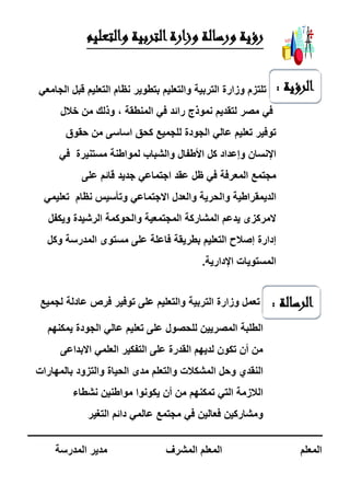 ‫الرسالة‬:
‫الرؤية‬:
‫والتعليم‬ ‫التربية‬‫وزارة‬ ‫ورسالة‬ ‫رؤية‬
‫الجامعي‬ ‫قبل‬ ‫التعليم‬ ‫نظام‬ ‫بتطوير‬ ‫والتعليم‬ ‫التربية‬ ‫وزارة‬ ‫تلتزم‬
‫نموذج‬ ‫لتقديم‬ ‫مصر‬ ‫في‬‫المنطقة‬ ‫في‬ ‫رائد‬,‫خالل‬ ‫من‬ ‫وذلك‬
‫حقوق‬ ‫من‬ ‫اساسى‬ ‫كحق‬ ‫للجميع‬ ‫الجودة‬ ‫عالي‬ ‫تعليم‬ ‫توفير‬
‫في‬ ‫مستنيرة‬ ‫لمواطنة‬ ‫والشباب‬ ‫األطفال‬ ‫كل‬ ‫وإعداد‬ ‫اإلنسان‬
‫على‬ ‫قائم‬ ‫جديد‬ ‫اجتماعي‬ ‫عقد‬ ‫ظل‬ ‫في‬ ‫المعرفة‬ ‫مجتمع‬
‫وا‬ ‫الديمقراطية‬‫تعليمي‬ ‫نظام‬ ‫وتأسيس‬ ‫االجتماعي‬ ‫والعدل‬ ‫لحرية‬
‫ويكفل‬ ‫الرشيدة‬ ‫والحوكمة‬ ‫المجتمعية‬ ‫المشاركة‬ ‫يدعم‬ ‫المركزى‬
‫مستوى‬ ‫على‬ ‫فاعلة‬ ‫بطريقة‬ ‫التعليم‬ ‫إصالح‬ ‫إدارة‬‫وكل‬ ‫المدرسة‬
‫اإلدارية‬ ‫المستويات‬.
‫الت‬ ‫وزارة‬ ‫تعمل‬‫لجميع‬ ‫عادلة‬ ‫فرص‬ ‫توفير‬ ‫على‬ ‫والتعليم‬ ‫ربية‬
‫يمكنهم‬ ‫الجودة‬ ‫عالي‬ ‫تعليم‬ ‫على‬ ‫للحصول‬ ‫المصريين‬ ‫الطلبة‬
‫االبداعى‬ ‫العلمي‬ ‫التفكير‬ ‫على‬ ‫القدرة‬ ‫لديهم‬ ‫تكون‬ ‫أن‬ ‫من‬
‫والتزود‬ ‫الحياة‬ ‫مدى‬ ‫والتعلم‬ ‫المشكالت‬ ‫وحل‬ ‫النقدي‬‫ب‬‫المهارا‬‫ت‬
‫نشطاء‬ ‫مواطنين‬ ‫يكونوا‬ ‫أن‬ ‫من‬ ‫تمكنهم‬ ‫التي‬ ‫الالزمة‬
‫التغير‬ ‫دائم‬ ‫عالمي‬ ‫مجتمع‬ ‫في‬ ‫فعالين‬ ‫ومشاركين‬
‫المعلم‬‫المشرف‬ ‫المعلم‬‫المدرسة‬ ‫مدير‬
 