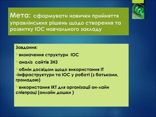 Мета: сформувати навички прийняття
управлінських рішень щодо створення та
розвитку ІОС навчального закладу
Завдання:
визначення структури ІОС
аналіз  сайтів ЗНЗ
обмін досвідом щодо використання ІТ
-інфраструктури та ІОС у роботі (з батьками,
громадою)
використання ІКТ для організації он-лайн
співпраці (онлайн дошки )
 