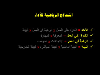‫النماذج‬‫الرياضي‬‫ة‬‫لألداء‬
‫األداء‬=‫العمل‬ ‫على‬ ‫القدرة‬x‫العمل‬ ‫في‬ ‫الرغبة‬x‫البيئة‬
‫العمل‬ ‫على‬ ‫القدرة‬=‫المعرفة‬x‫المهارة‬
‫العمل‬ ‫في‬ ‫الرغبة‬=‫االتجاهات‬x‫المواقف‬
‫البيئة‬=‫الداخلية‬ ‫البيئة‬x‫المباشرة‬ ‫البيئة‬x‫الخارجية‬ ‫البيئة‬
 