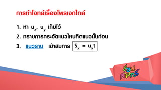 การทาโจทย์เรื่องโพรเจกไทล์
1. หา ux, uy เก็บไว้
2. ทราบการกระจัดแนวไหนคิดแนวนั้นก่อน
3. แนวราบ เข้าสมการ Sx = uxt
 