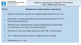 3
Перечень документов для передачи УУТЭ школой
в ГБУ «ЕИРЦ города Москвы»
№ п/п Финансово-хозяйственные документы
1 Перечень объектов имущества, оформленный школой (в 4-х экз.)
2
Документ, подтверждающий балансовую принадлежность УУТЭ
(инвентарная карточка)
3
Официальное наименование ресурсоснабжающей организации
(из договора на поставку тепловой энергии)
4 Ведомости учета тепловой энергии на ЦО, ГВС и вентиляцию
5 Акт о приеме-передаче объектов нефинансовых активов
6 Извещение (в 3-х экз.)
 