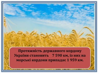 Протяжнiсть державного кордону
України становить 7 590 км, iз них на
морськi кордони припадає 1 959 км.
 