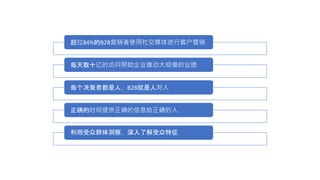 超过84%的B2B营销者使用社交媒体进行客户营销
每天数十亿的访问帮助企业推动大规模的业绩
每个决策者都是人，B2B就是人对人
正确的时间提供正确的信息给正确的人
利用受众群体洞察，深入了解受众特征
 