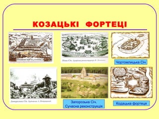 КОЗАЦЬКІ ФОРТЕЦІ
Запорозька Січ.
Сучасна реконструкція
Чортомлицька Січ
Кодацька фортеця
 