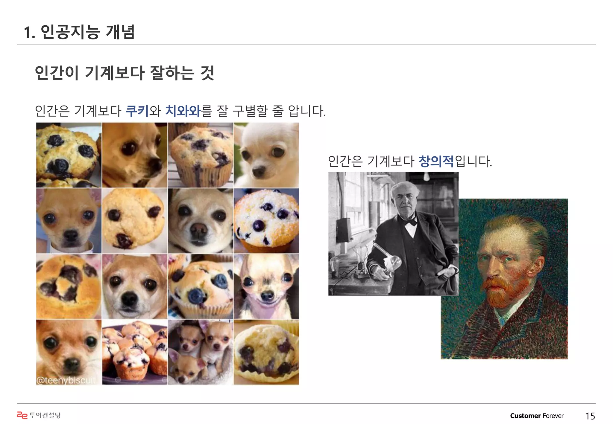 Customer Forever
1. 인공지능 개념
15
인간은 기계보다 쿠키와 치와와를 잘 구별할 줄 압니다.
인간이 기계보다 잘하는 것
인간은 기계보다 창의적입니다.
 