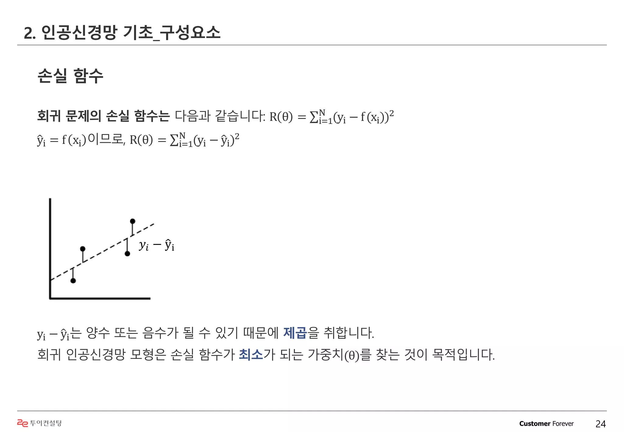 Customer Forever
손실 함수
회귀 문제의 손실 함수는 다음과 같습니다: R θ = ∑i=1
N
(yi − f(xi))2
ොyi = f xi 이므로, R θ = ∑i=1
N
(yi − ොyi)2
yi − ොyi는 양수 또는 음수가 될 수 있기 때문에 제곱을 취합니다.
회귀 인공신경망 모형은 손실 함수가 최소가 되는 가중치(θ)를 찾는 것이 목적입니다.
2. 인공신경망 기초_구성요소
24
𝑦𝑖 − ොyi
 