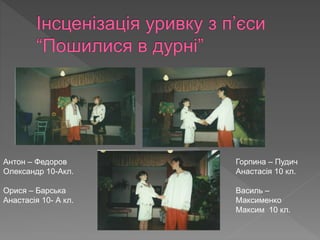 Антон – Федоров
Олександр 10-Акл.
Орися – Барська
Анастасія 10- А кл.
Горпина – Пудич
Анастасія 10 кл.
Василь –
Максименко
Максим 10 кл.
 