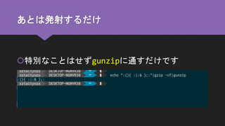 あとは発射するだけ
特別なことはせずgunzipに通すだけです
 