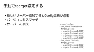 手動でtaarget設定する
• 新しいサーバー追加するとConfig更新が必要
• バージョンミスマッチ
• サーバーの喪失 scrape_configs:
- job_name: microservice1
target_groups:
- targets: [‘server1:8003’]
- targets: [‘server2:8003’]
- targets: [‘server3:8003’]
- targets: [‘server4:8003’]
- job_name: otherjob
target_groups:
- targets: [‘server3:8086’]
- targets: [‘server4:8087’]
 