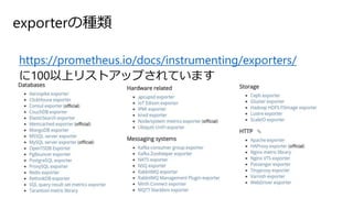 exporterの種類
https://prometheus.io/docs/instrumenting/exporters/
に100以上リストアップされています
 