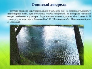 Оконські джерела
– потужні джерела карстових вод, які б’ють весь рік і не замерзають навіть у
найсуворіші зими. Два потужних ключа утворюють на поверхні невелике
озеро глибиною в 3 метри. Вода містить вапно, кухонну сіль і магній, її
температура весь рік – близько 8-9 ° С. ( Волинська обл. Маневицький р-н,
с. Оконськ)
 