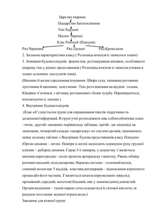 Царство тварини
Підцарство Багатоклітинні
Тип Хордові
Підтип Черепні
Клас Рептилії (Плазуни)
Ряд Черепахи Ряд Лускаті Ряд Крокодили
2. Загальна характеристика класу.( Розповідь вчителя із записом в зошит)
3. Зовнішня будоваплазунів: форматіла, розташування кінцівок, особливості
покриву тіла у різних представників ( Розповідь вчителя із записом учнями в
зошит основних постулатів теми).
(Наземне й водне середовищеіснування. Шкіра суха, захищена роговими
лусочками й щитками; залоз немає. Тіло розчленованена відділи: голова,
Кінцівки п’ятипалі, з кігтями; розташованіз боків тулуба. Переміщуються,
контактуючи із землею.)
4. Внутрішня будоваплазунів
(Клас об’єднуєтьсяв групи для опрацювання текстів підручника та
додаткової інформації. В групі учні розподіляють між собою обов'язки:один
–читає, другий-заповнює порівняльну таблицю, третій- дає відповіді на
запитання, четвертий-складає «шпаргалку» по системі органів, заповнюють
певну колонку таблиці « Внутрішня будова представників класу Плазуни»
(Орган дихання – легені. Повітря в легені надходить за рахунок руху грудної
клітини – реберне дихання. Серце 3-х камерне, у шлуночку з’являється
неповна перегородка– поділ кровіна артеріальну і венозну. Рівень обміну
речовиннизький; холоднокровні. Нервова система – головниймозок,
спинний мозокмає 5 відділів, властива регенерація – відновлення втраченого
органа або його частини, З’являєтьсязачатоккоривеликих півкуль);
проміжний; середній; мозочок(більший, ніж у земноводних);довгастий.
Органивиділення – тазові нирки; сеча складається із сечової кислоти, за
рахунок чого немає великої втрати води.)
Завдання для кожної групи:
 