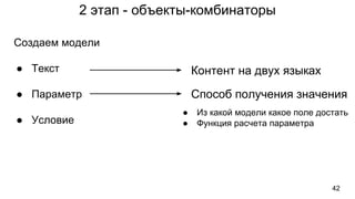2 этап - объекты-комбинаторы
42
Создаем модели
● Текст
● Параметр
● Условие
Контент на двух языках
Способ получения значения
● Из какой модели какое поле достать
● Функция расчета параметра
 