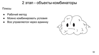 2 этап - объекты-комбинаторы
50
Плюсы
● Рабочий метод
● Можно комбинировать условия
● Все управляется через админку
 