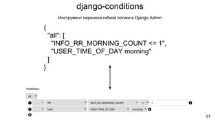 django-conditions
57
Инструмент переноса гибкой логики в Django Admin
{
"all": [
"INFO_RR_MORNING_COUNT <= 1",
"USER_TIME_OF_DAY morning"
]
}
 