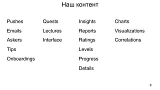 Наш контент
8
Pushes Quests Insights Charts
Emails Lectures Reports Visualizations
Askers Interface Ratings Correlations
Tips Levels
Onboardings Progress
Details
 