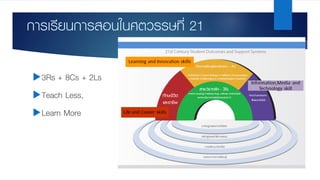 การเรียนการสอนในศตวรรษที่ 21
u3Rs + 8Cs + 2Ls
uTeach Less,
uLearn More
 