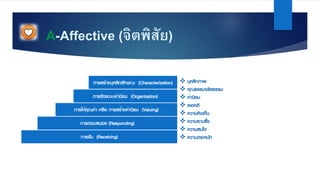 A-Affective (จิตพิสัย)
การสร้างบุคลิกลักษณะ (Characterization)
การจัดระบบค่านิยม (Organization)
การให้คุณค่า หรือ การสร้างค่านิยม (Valuing)
การตอบสนอง (Responding)
การรับ (Receiving)
v บุคลิกภาพ
v คุณธรรมจริยธรรม
v ค่านิยม
v เจตคติ
v ความคิดเห็น
v ความซาบซึ้ง
v ความสนใจ
v ความตระหนัก
 