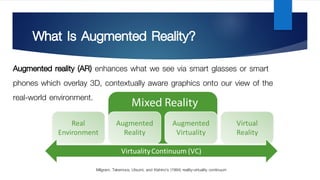 What Is Augmented Reality?
Augmented reality (AR) enhances what we see via smart glasses or smart
phones which overlay 3D, contextually aware graphics onto our view of the
real-world environment.
Milgram, Takemura, Utsumi, and Kishino’s (1994) reality-virtuality continuum
 