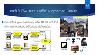 เทคโนโลยีผสานความจริง Augmented Reality
uเทคโนโลยี Augmented Reality หรือ AR คือ เทคโนโลยี
ที่ผสานเอาโลกแห่งความเป็นจริงเข้ากับโลกเสมือน
86
 